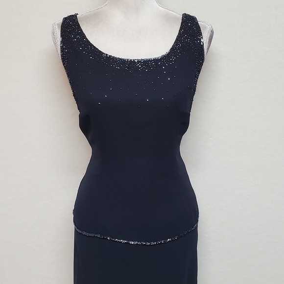 Vintage J Kara Navy Blue Chiffon Beaded Scalloped Maxi Dress Jacket Set 16 - Picture 12 of 16